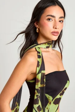 Robe Mi-longue Bustier À Imprimé Floral Large Avec Détail Foulard