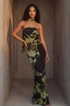 Robe Mi-longue Bustier À Imprimé Floral Large Avec Détail Foulard