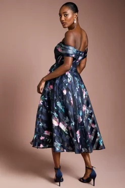 Robe Mi-Longue à Bustier Plissé en Organza Rayé