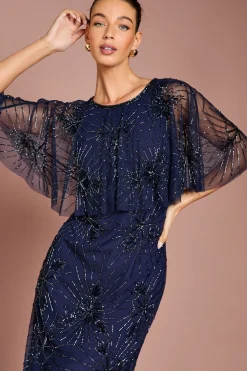 Robe Mi-Longue à Cape Ornée de Motifs Floraux