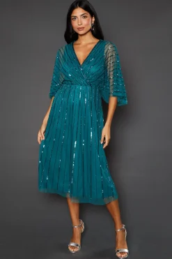 Robe Mi-Longue à Cape Ornée de Paillettes Petite Occasion