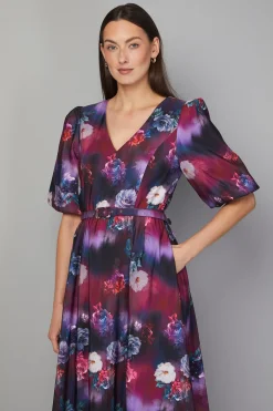 Robe Mi-Longue Ceinturée en Sergé Fleuri