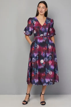 Robe Mi-Longue Ceinturée en Sergé Fleuri