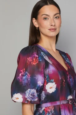 Robe Mi-Longue Ceinturée en Sergé Fleuri