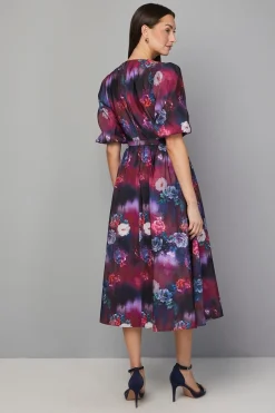 Robe Mi-Longue Ceinturée en Sergé Fleuri