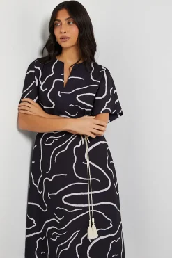 Robe Mi-Longue Ceinturée à Motifs Abstraits