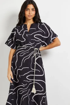 Robe Mi-Longue Ceinturée à Motifs Abstraits