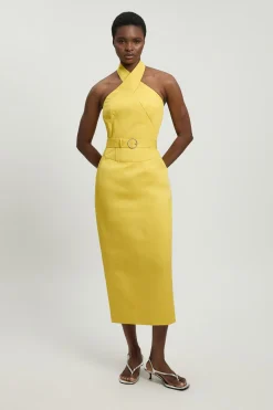 KarenMillen Robe Mi-longue Cintrée Ceinturée En Satin De Coton Ajusté<Femme Robes Mi-Longues|Robes