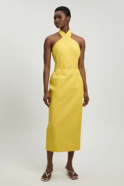 KarenMillen Robe Mi-longue Cintrée Ceinturée En Satin De Coton Ajusté<Femme Robes Mi-Longues|Robes