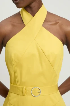 KarenMillen Robe Mi-longue Cintrée Ceinturée En Satin De Coton Ajusté<Femme Robes Mi-Longues|Robes