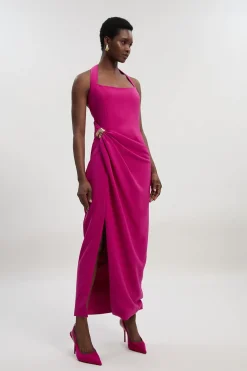 KarenMillen Robe Mi-Longue Cintrée à Col Halter Froncée - Taille Petite<Femme Tailleurs|Robes Courtes