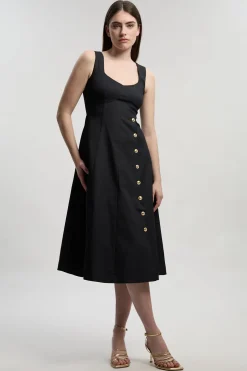 KarenMillen Robe Mi-longue Cintrée en Denim sans Manches à Jupe Évasée<Femme Tailleurs|Denim
