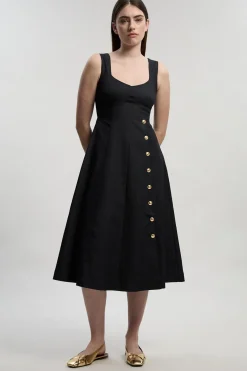 KarenMillen Robe Mi-longue Cintrée en Denim sans Manches à Jupe Évasée<Femme Tailleurs|Denim