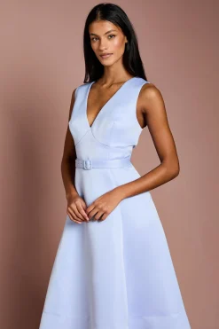 Robe Mi-Longue Cintrée en Satin avec Ceinture et Col V - Taille Petite