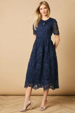 Robe Mi-Longue à Col en Dentelle pour Occasions Spéciales