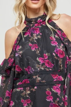 Robe Mi-Longue à Col Halter avec Épaules Dénudées et Volants