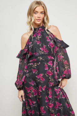 Robe Mi-Longue à Col Halter avec Épaules Dénudées et Volants
