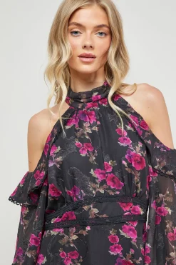 Robe Mi-Longue à Col Halter avec Épaules Dénudées et Volants
