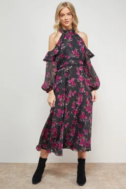 Robe Mi-Longue à Col Halter avec Épaules Dénudées et Volants