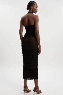 Robe Mi-Longue à Col Halter en Résille avec Détails de Nœuds en Velours