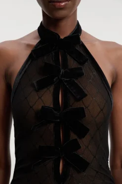 Robe Mi-Longue à Col Halter en Résille avec Détails de Nœuds en Velours