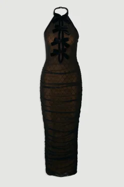 Robe Mi-Longue à Col Halter en Résille avec Détails de Nœuds en Velours