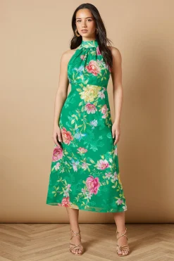 Robe Mi-Longue à Col Halter en Satin Floral Dévoré