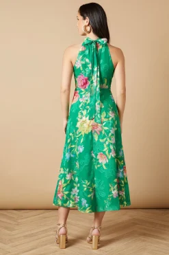 Robe Mi-Longue à Col Halter en Satin Floral Dévoré