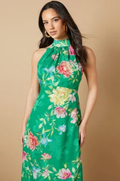 Robe Mi-Longue à Col Halter en Satin Floral Dévoré
