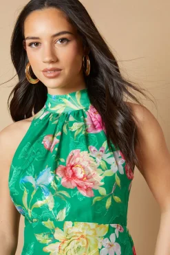 Robe Mi-Longue à Col Halter en Satin Floral Dévoré