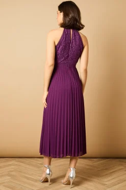 Robe Mi-longue à Col Halter et Dentelle Unie