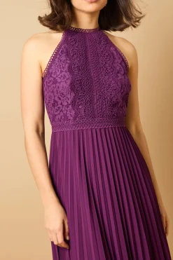 Robe Mi-longue à Col Halter et Dentelle Unie