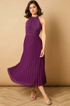 Robe Mi-longue à Col Halter et Dentelle Unie