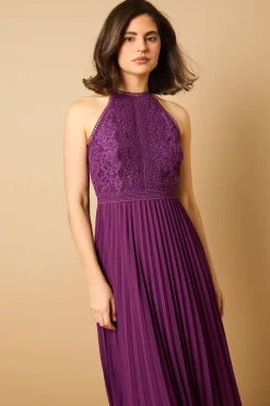 Robe Mi-longue à Col Halter et Dentelle Unie