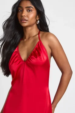 Robe Mi-Longue à Col Halter et Encolure Froncée en Satin