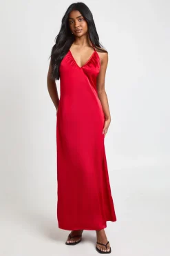 Robe Mi-Longue à Col Halter et Encolure Froncée en Satin