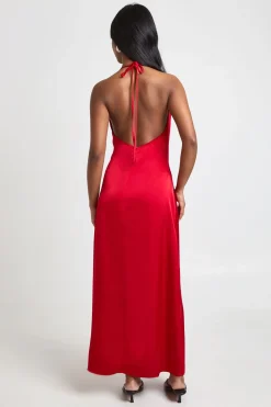 Robe Mi-Longue à Col Halter et Encolure Froncée en Satin