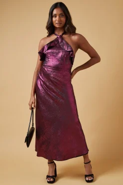 Robe Mi-Longue à Col Halter et Volants en Tissu Métallisé