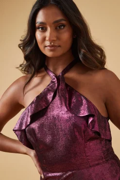 Robe Mi-Longue à Col Halter et Volants en Tissu Métallisé