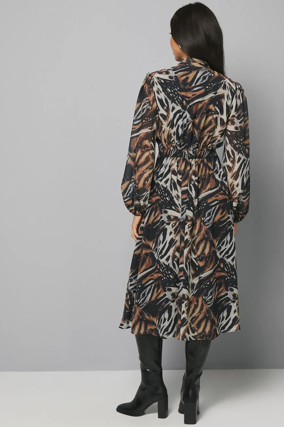 Robe Mi-longue à Col Lavallière et Imprimé Animal Abstrait