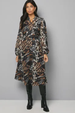 Robe Mi-longue à Col Lavallière et Imprimé Animal Abstrait