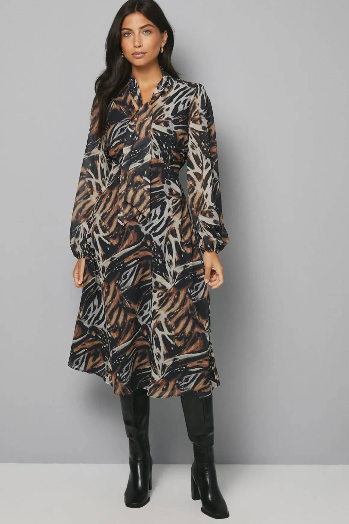 Robe Mi-longue à Col Lavallière et Imprimé Animal Abstrait
