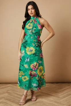 Robe Mi-Longue à Col Licou en Satin Dévoré Floral