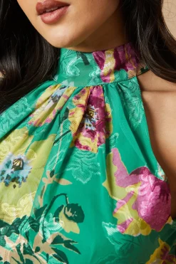 Robe Mi-Longue à Col Licou en Satin Dévoré Floral