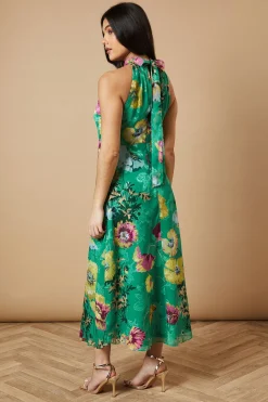 Robe Mi-Longue à Col Licou en Satin Dévoré Floral
