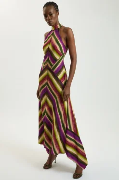 Robe Mi-longue Col Licou En Tissu Tissé Mélange Coton Rayures Fluides Petite