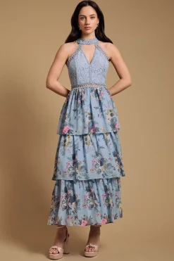 Robe Mi-longue À Col Licou Étagée En Dentelle