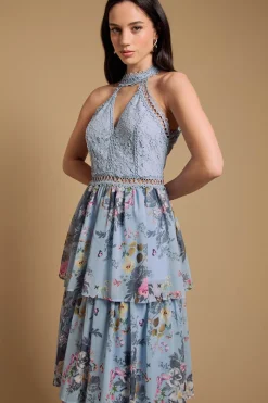 Robe Mi-longue À Col Licou Étagée En Dentelle