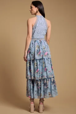 Robe Mi-longue À Col Licou Étagée En Dentelle