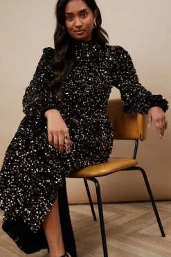 Robe Mi-Longue Col Montant en Velours à Paillettes pour Occasions Spéciales